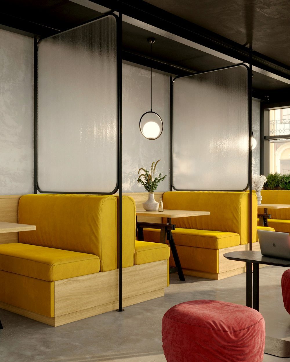 Coin repas à l'étage, banquettes et petites tables